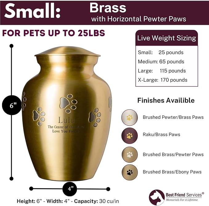 Ottillie Paws Elite Series Personalized Pet Urn for Dogs and Cats - Pet Memorial Urns with Custom Engraving(Brass, Horizontal, Pewter, Small)