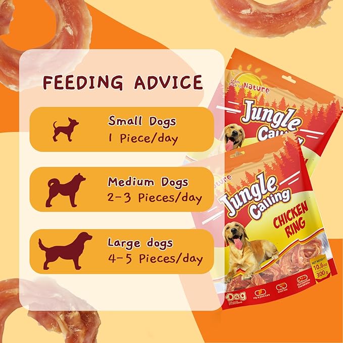 Jungle Calling Chicken Rings Dog Treats, Slow Roasted Chicken Jerky, Rawhide Free Dog Chews, High Protein Training Treats, Hip and Joint Health with Glucosamine, 10.6 oz