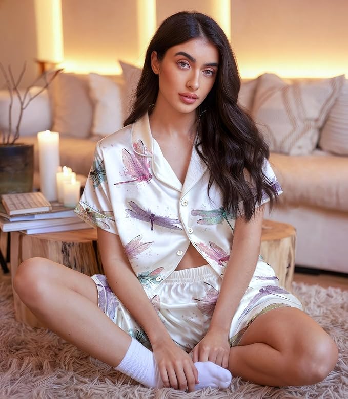 Women’s Silk Satin Pajama Set, Short Sleeve Button Down 2 Piece PJs with Shorts, Cozy Loungewear & Matching Holiday Pajamas