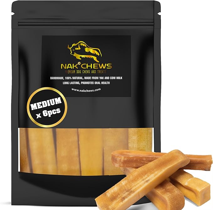 Himalayan Yak Cheese Dog Chews - Natural Healthy & Safe Treat for Small & Medium Dogs - Long Lasting Dental Chew Rich in Protein & Calcium - Gluten-Free Lactose-Free - 6 Chews for Medium Dogs
