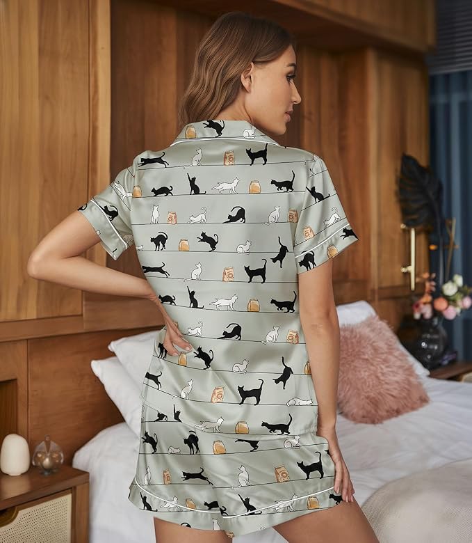 Women’s Silk Satin Pajama Set, Short Sleeve Button Down 2 Piece PJs with Shorts, Cozy Loungewear & Matching Holiday Pajamas