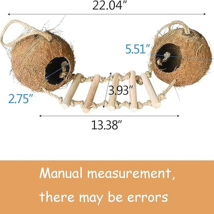 Bird Coconut Hides Nest with Ladder Parrot Cage Hanging Natural Coco Shell Hut Hide Toy with Wooden Bridge Hollow Hideaway Toys for Parakeet Lovebird Finch Canary 2PCS