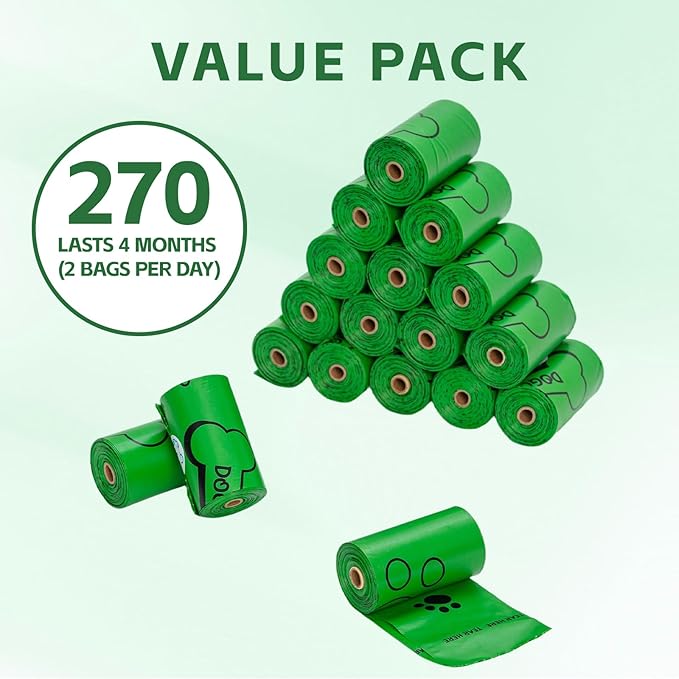 270 Count Scented Dog Poop Bags Rolls, 20 Micron Ultra Thick, Heavy Duty Tear Resistant Leak Proof for Yuck-Free Cleanup, Includes Dispenser & Leash Clip, 9 x 13 Inch, Pawsome Doodle (Green)