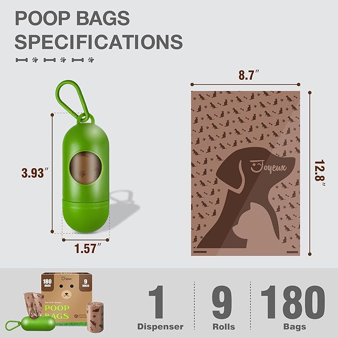 180 Count Dog Poop Bags with Dispenser, Leak-Proof Large Doggie Bag for Poop, Extra Thick Doggy Waste Bags, Unscented, Pet Trash Bags Holder Outdoor Puppy Walking and Traveling Rolls, Brown