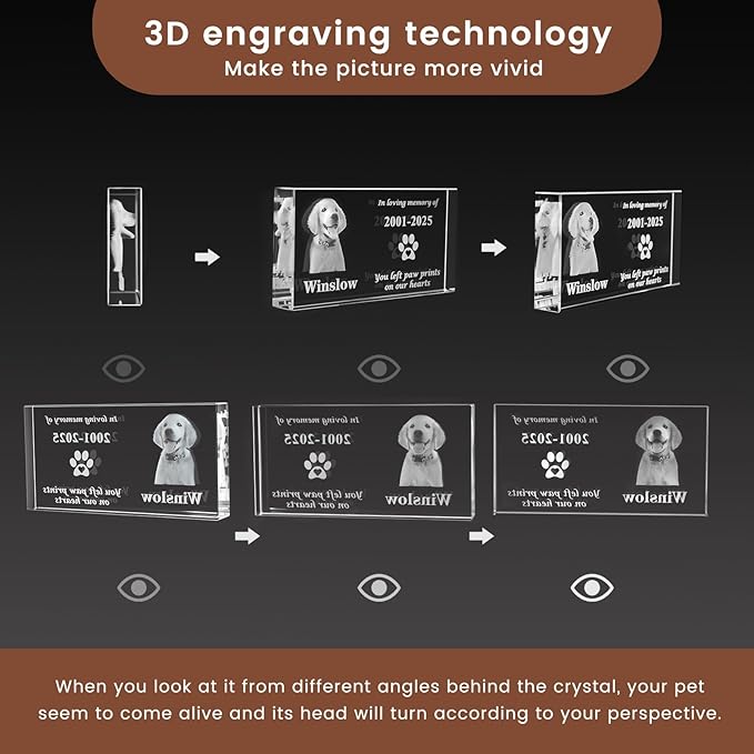3D Crystal Pet Memorial Stone, Custom Laser Engraved Photo Remembrance Block with Gift Box, Pet Loss Sympathy Gift