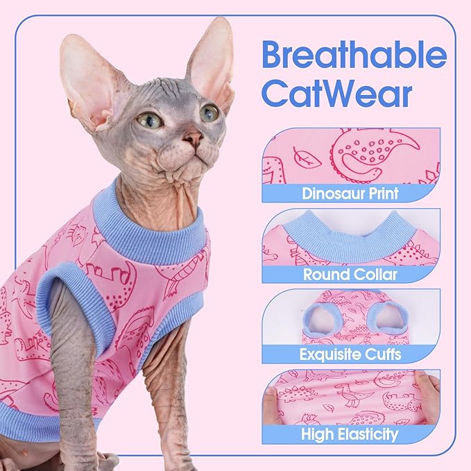 Sphynx Hairless Cat Clothes with Dinosaur Print, Pullover Kitten T-Shirts Vest, Sleeveless Bodysuit Cat Pajamas Jumpsuit, Breathable Daily Wear Clothes for Cats