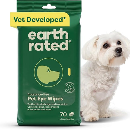 Earth Rated Vet-Developed Pet Eye Wipes, Hypoallergenic Cleaner for Dogs & Cats Eyes to Remove Dirt & Discharge, Fragrance Free, 70 Count