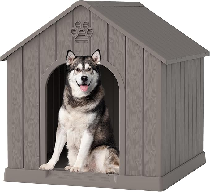 Large Dog House Outdoor Indoor for Medium Large Dogs, Durable Plastic Waterproof Doghouse with Air Vents and Elevated Floor, Easy Clean and Assemble (Classic Grey, 36.2''L×38''W×38''H)