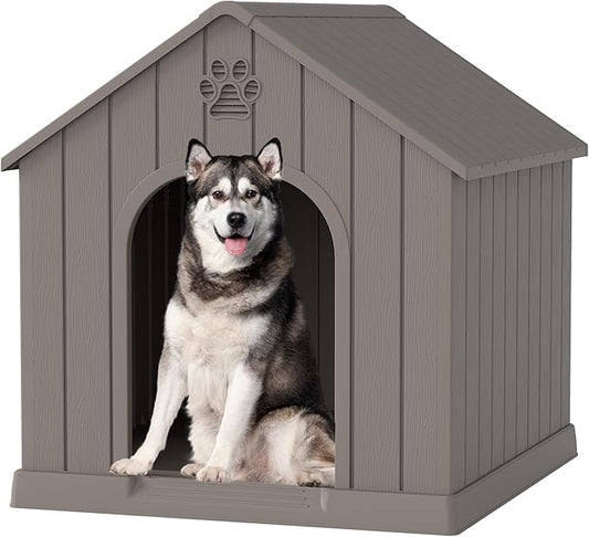 Large Dog House Outdoor Indoor for Medium Large Dogs, Durable Plastic Waterproof Doghouse with Air Vents and Elevated Floor, Easy Clean and Assemble (Classic Grey, 36.2''L×38''W×38''H)
