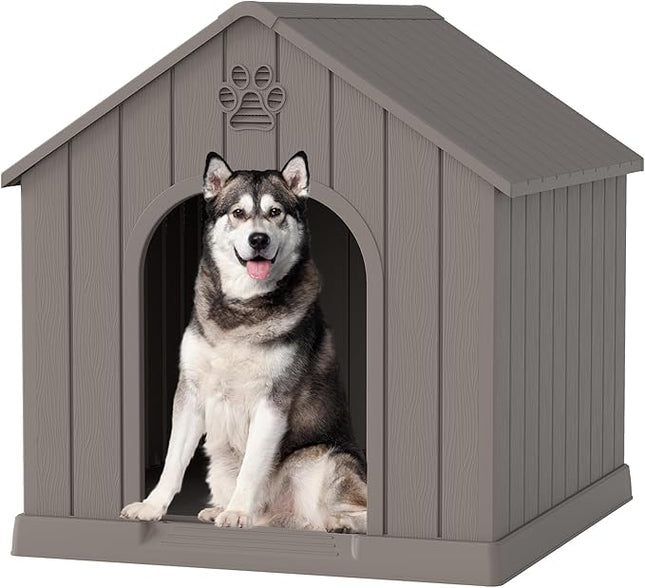 Large Dog House Outdoor Indoor for Medium Large Dogs, Durable Plastic Waterproof Doghouse with Air Vents and Elevated Floor, Easy Clean and Assemble (Classic Grey, 36.2''L×38''W×38''H)