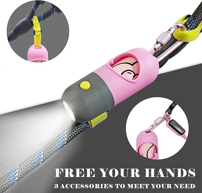 Dog Poop Bags Holder with LED Flashlight|Pet Waste Bags Dispenser for Leash|Doggie Potty Bags Container with Leak-proof Pet Trash Bags and Accessories (1 Holder 15 Bags, Pink)