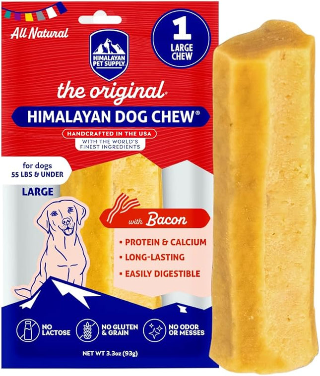 Himalayan Dog Chew Original Yak Cheese Chew, Bacon, 1 Large Stick, 3.3 oz, Gluten Free, Healthy Treats, Grain & Lactose Free 100% Natural, Long Lasting Chews for s Under 55 lbs