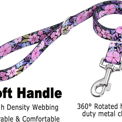 Dog Collar and Leash Set with Bohemia Floral Tribal Geometric Patterns - Soft Ethnic Style Collar Adjustable for Small Medium Large Dogs(Pink Floral Set,L)