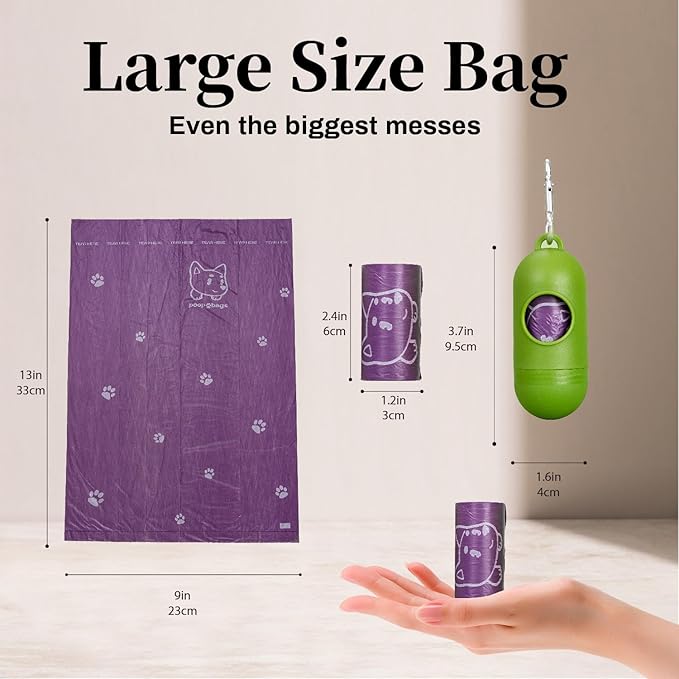 420 Count Dog Poop Bags Rolls with Dispenser & Leash Clip, 9″ x 13″ Scented Biodegradable Leak Proof Poop Bags for Dogs, Cats & Pet Waste, 28 Refill Rolls of 15, Purple