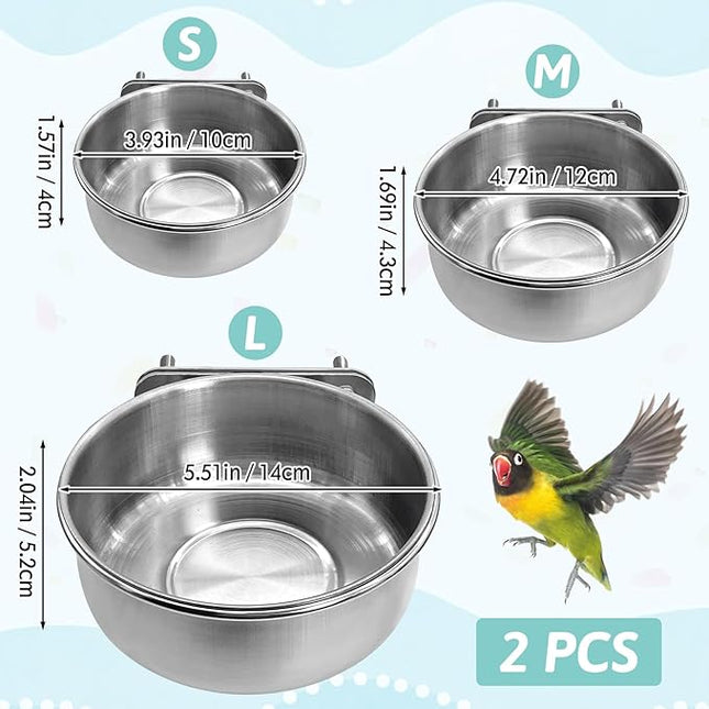 PINVNBY 2 PCS Stainless Steel Bird Bowl Parrot Food Water Bowls with Clamp Holder Bird Feeder Dish Cups Crate Bowls for Cockatiel Pigeons Conure Budgies African Greys (Double Screws Size: S)