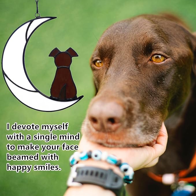 Stained Glass Window Hangings Pet Dog Memorial Gifts for Dog Lovers, A Brown Dog Decor on Moon Suncatchers, Loss of Dog Sympathy Gift, Dog Remembrance Gifts in Memory of Dog(Brown)