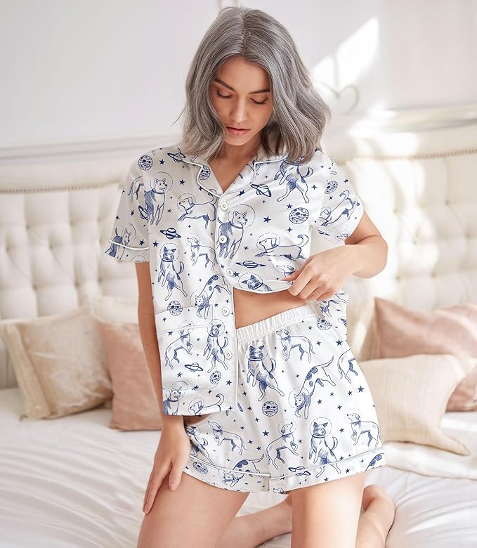 Women’s Silk Satin Pajama Set, Short Sleeve Button Down 2 Piece PJs with Shorts, Cozy Loungewear & Matching Holiday Pajamas