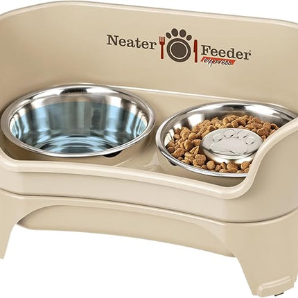Neater Feeder - Express Model w/ Slow Feed Bowl - Mess-Proof Dog Bowls (M/L, Almond) Made in USA – Elevated, No Spill, Non-Tip, Non-Slip, Raised Stainless Steel Food/Water Pet Bowls Aid Digestion