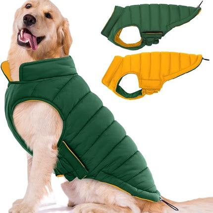 Lelepet Reversible Dog Coat Waterproof Dog Jacket Windproof Puffer Vest for Winter Warm Lightweight Coats for Large Dogs Adjustbale Hook & Loop Pet Apparel with Leash Hole, Golden Retriever, 3XL