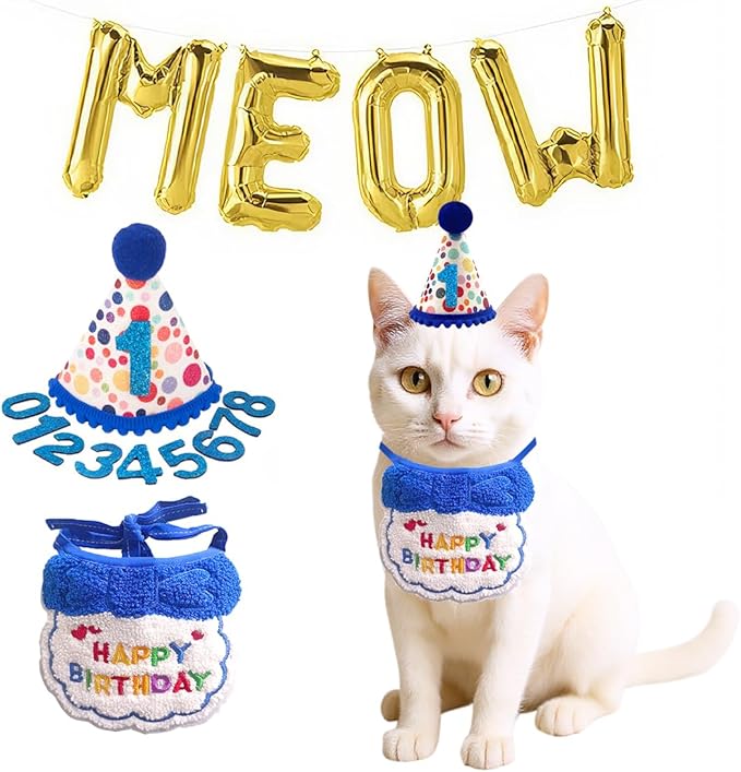 Cat Birthday Hat Decoration & Outfit Set - Adjustable Party Hat with Numbers, Bandana Bow Tie & Balloon Supplies for Cat Costume Photo Shoots(Blue/Pink) (Blue)