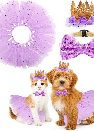 BINGPET Doggy Tutu Skirt Dog Cat Birthday Party Supplies,Cat Dogs Wedding Dresses with Bowtie and Dog Party Hats Princess Crown Hat Set,Sweet Gift for Small to Medium Dogs Cat