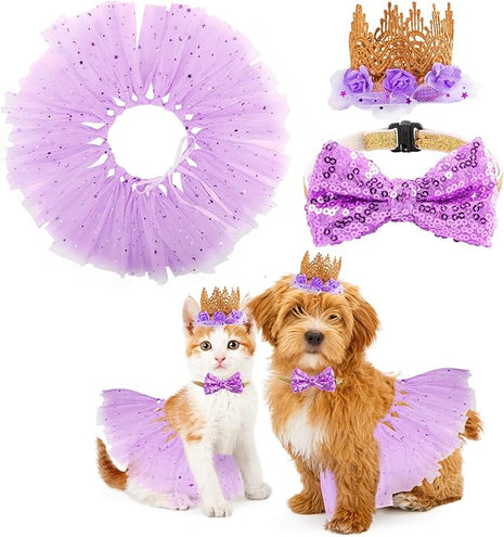 BINGPET Doggy Tutu Skirt Dog Cat Birthday Party Supplies,Cat Dogs Wedding Dresses with Bowtie and Dog Party Hats Princess Crown Hat Set,Sweet Gift for Small to Medium Dogs Cat