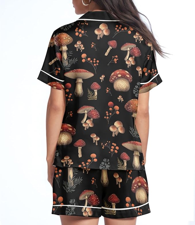 Women’s Silk Satin Pajama Set, Short Sleeve Button Down 2 Piece PJs with Shorts, Cozy Loungewear & Matching Holiday Pajamas