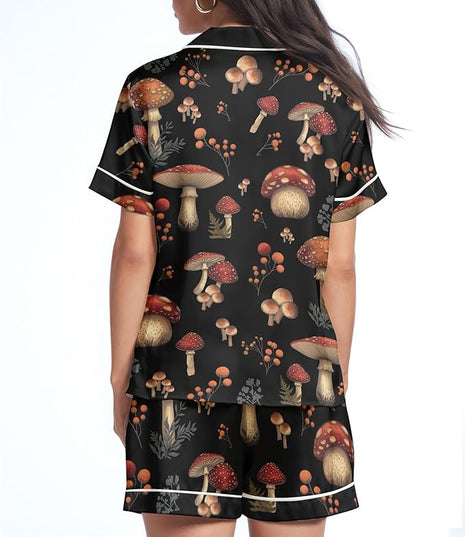 Women’s Silk Satin Pajama Set, Short Sleeve Button Down 2 Piece PJs with Shorts, Cozy Loungewear & Matching Holiday Pajamas