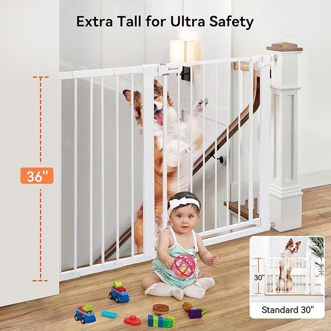 COMOMY 36" Extra Tall Baby Gate for Stairs Doorways, Fits Openings 29.5" to 48.8" Wide, Auto Close Extra Wide Dog Gate for House, Pressure Mounted Easy Walk Through Pet Gate with Door, White