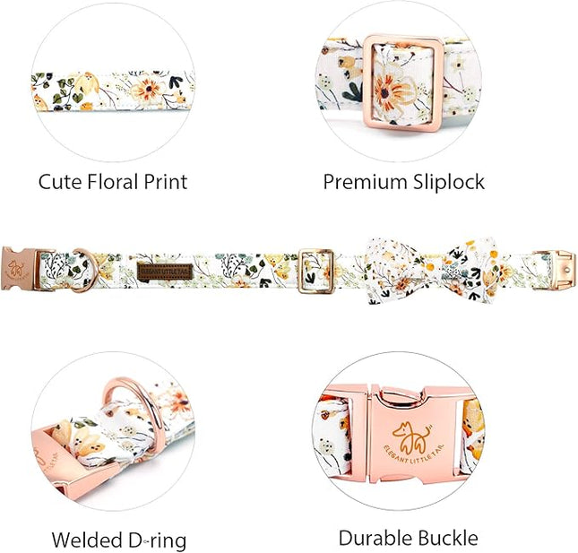 Elegant little tail Dog Collar, Floral Pattern Pet Collars with Bow Girl Cotton Bowtie Collars Spring Puppy Gift Adjustable Pet Collar for X-Small Dogs