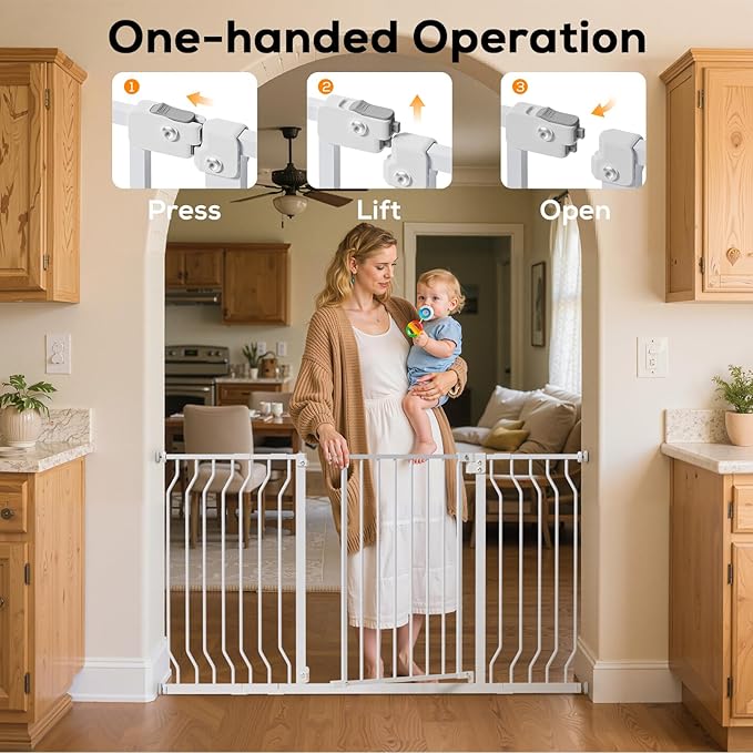 29-57" Baby Gate for Stairs, Baby Safety Essentials, Auto Close Gate for Doorways, Easy Install Pressure Mounted Dog Gate Indoor, Pet Gates for Dogs, White