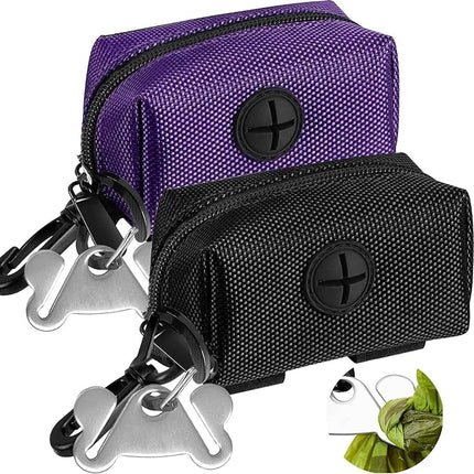 Dog Waste Bag Dispenser Pet Poop Bags Holder for Doggie Waste Bags Dispensers Soft Fabric Zipper Small Doggy Puppy Pouch for Leash Accessory Attachment with Carrier,2PCS Purple&Black