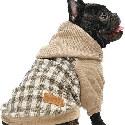 Fitwarm Tartan Plaid Dog Hoodie, Knitted Dog Clothes for Small Dogs Boy, Pet Sweatshirt, Knitted Sweater, Beige, Small