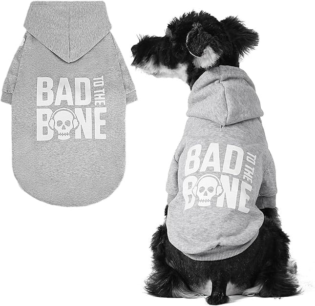 BINGPET Bad to The Bone Dog Sweater with Hood and Leash Hole,Warm Fleece Dog Hoodie & Winter Coat for Small to Large Dogs,Cold Weather Pet Clothes(Small)
