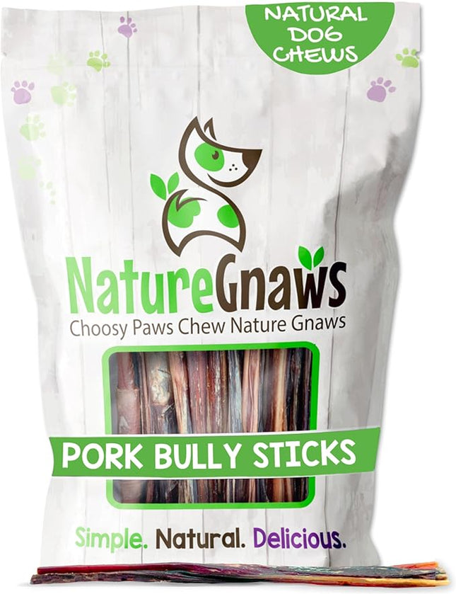 Nature Gnaws Extra Thin Pork Bully Sticks for Small Dogs 5-6" (15 Count) - Long Lasting for Light Chewers and Puppies - Natural Bacon Dog Chew Treats