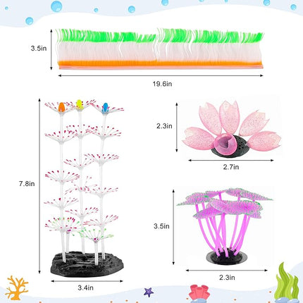 Glowing Aquarium Decorations, 4pcs Glow Sea Anemone Coral Ornaments, Silicone & Resin Material, Aquarium Decor