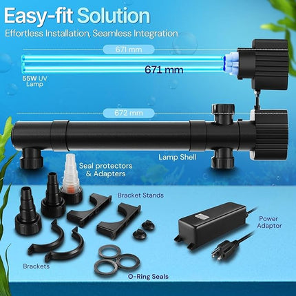Flexzion Pond UV Lights for Outdoor Ponds - 55W XL Light, 13209 Capacity, 5000L/H UV Pond Clarifier for Outdoor Ponds, Clears Water in Days (CUV-155)