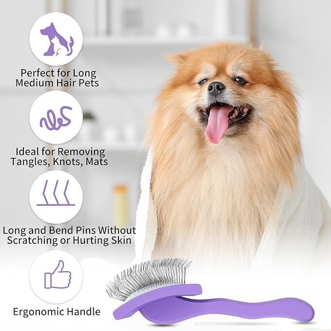 Slicker Brush for Dogs, Long Pin Dog Grooming Brush for Goldendoodles, Poodles, Doodles & More, Includes Bonus Pet Comb, Perfect for De-Shedding, Dematting & Reducing Tangles. Large, Purple