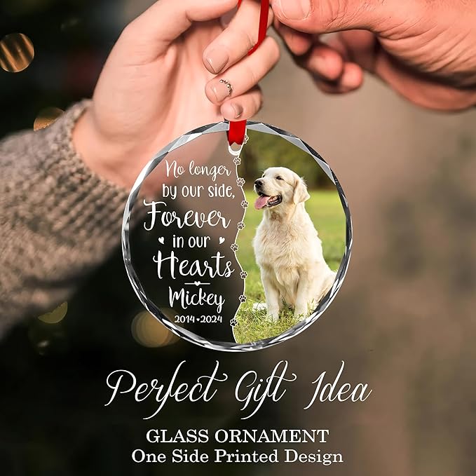 [Printed in The USA] Personalized Memorial Pet Glass Ornament - Custom Photo, Name & Dates - Forever in Our Hearts Valentine's Day Tribute for Your Dogs- Valentine's Gift for Dog Loves