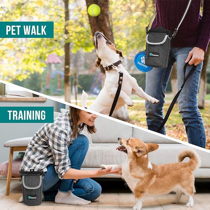 PetAmi Dog Treat Pouch, Large Pet Training Treat Pouch with Pocket, Dog Trainer Essentials Supply Holder with Poop Bag Dispenser, Training Bag for Kibbles Toys, 3 Ways to Wear (Charcoal)