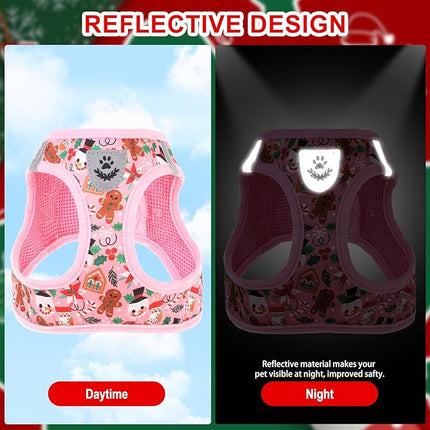 EXPAWLORER Christmas Puppy Harness - Dog Collar and Leash - Soft Mesh Padded Adjustable Step in Small Dog Vest Harness No Pull, Reflective Escape Proof for Outdoor Walking, Red S