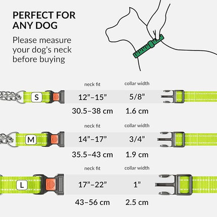 CollarDirect Martingale Dog Collar with Stainless Steel Chain and Quick Release Buckle - Reflective Collar for Large, Medium, Small Dogs - Lime Green, Medium (Neck Size 14"-17")