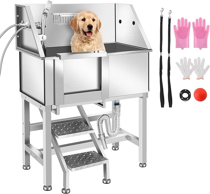 Professional Stainless Steel Dog Grooming Tub W/Soap Box, Faucet,Rich Accessory, Bathtub For Multiple Pets, Washing Sink For Home