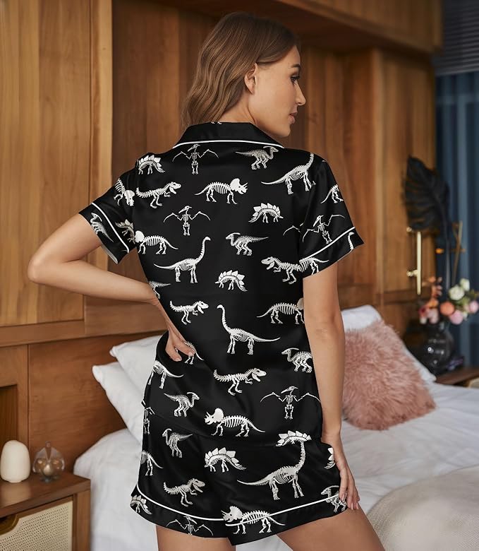 Women’s Silk Satin Pajama Set, Short Sleeve Button Down 2 Piece PJs with Shorts, Cozy Loungewear & Matching Holiday Pajamas