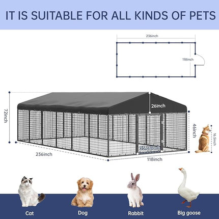 Large Outdoor Dog Enclosure,Heavy Duty Dog Cage with Roof,Galvanized Steel Dog Kennel Fence with Double Safety Locks(19.68'x 9.84')
