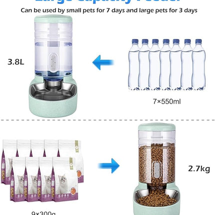 Automatic Cat Feeder and Water Dispenser with Stainless Steel Bowl Gravity Food Feeder and Waterer Set for Small Medium Dog Puppy Kitten 1 Gallon x 2(Green)