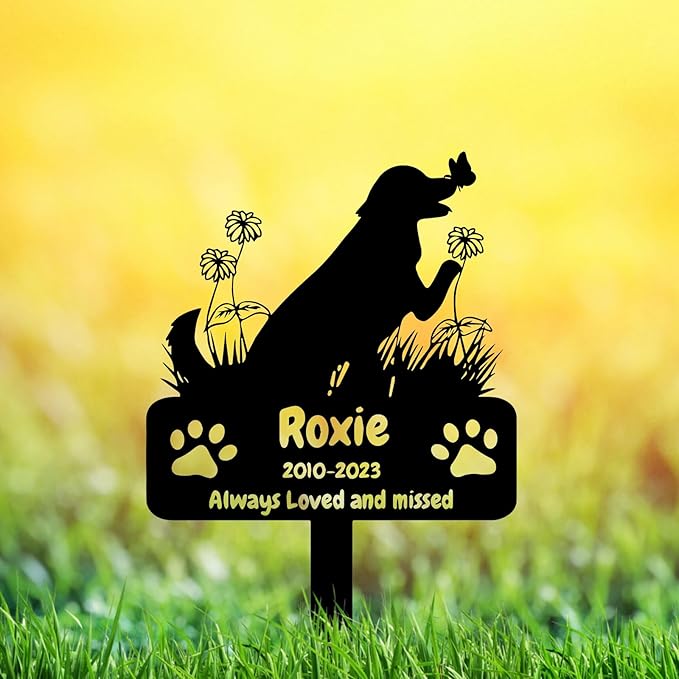Personalized Flowers Dog Memorial Grave Marker Stake, Custom Butterfly Dog Memorial Stake Metal Engraved Sign, Pet Memorial Gift for Dog Cemetery Yard Lawn Dog Memorial Garden Stake