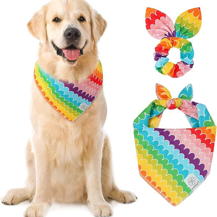 E-Clover Rainbow Dog Bandanas & Matching Scrunchie Set Girl Cute Pride Dog Scarf Bibs Pet Bandana with Bow Tie for Medium Large Dogs Owner Mom Summer