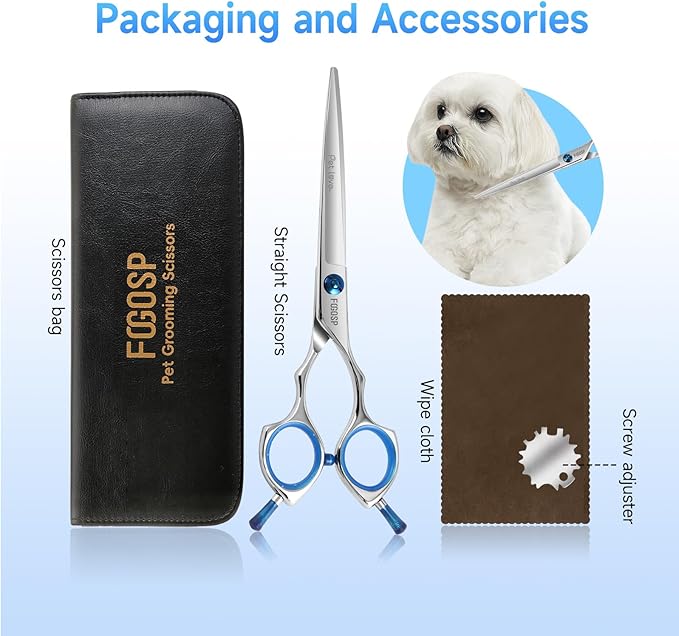 Straight Dog Grooming Scissors 6.5 in Small Dog Hair Scissor Trimming Dogs Pet Cat Shears Japan 440C Symmetric Handle Light Weight for Cutting Body Legs Hairs(6.5)