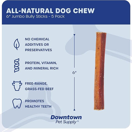 Downtown Pet Supply Jumbo Bully Sticks for Dogs - Natural Beef Chews, Low-Odor & Rawhide-Free, Long Lasting Dog Treats for Aggressive Chewers - Healthy, Safe & Delicious Chews Dogs Love (6" 5 Pack)